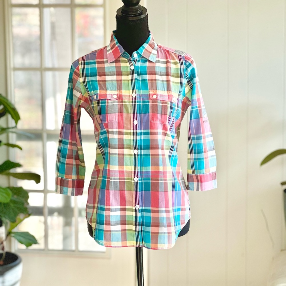American Eagle Vintage Colorful Plaid Button Up Size Small